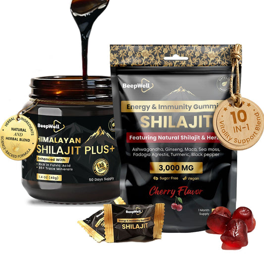 BeepWell Shilajit Resin & Gummies Combo – Fulvic Acid + Ayurvedic Blend – 50g Resin (50 Servings) & 60 Gummies – For Men & Women
